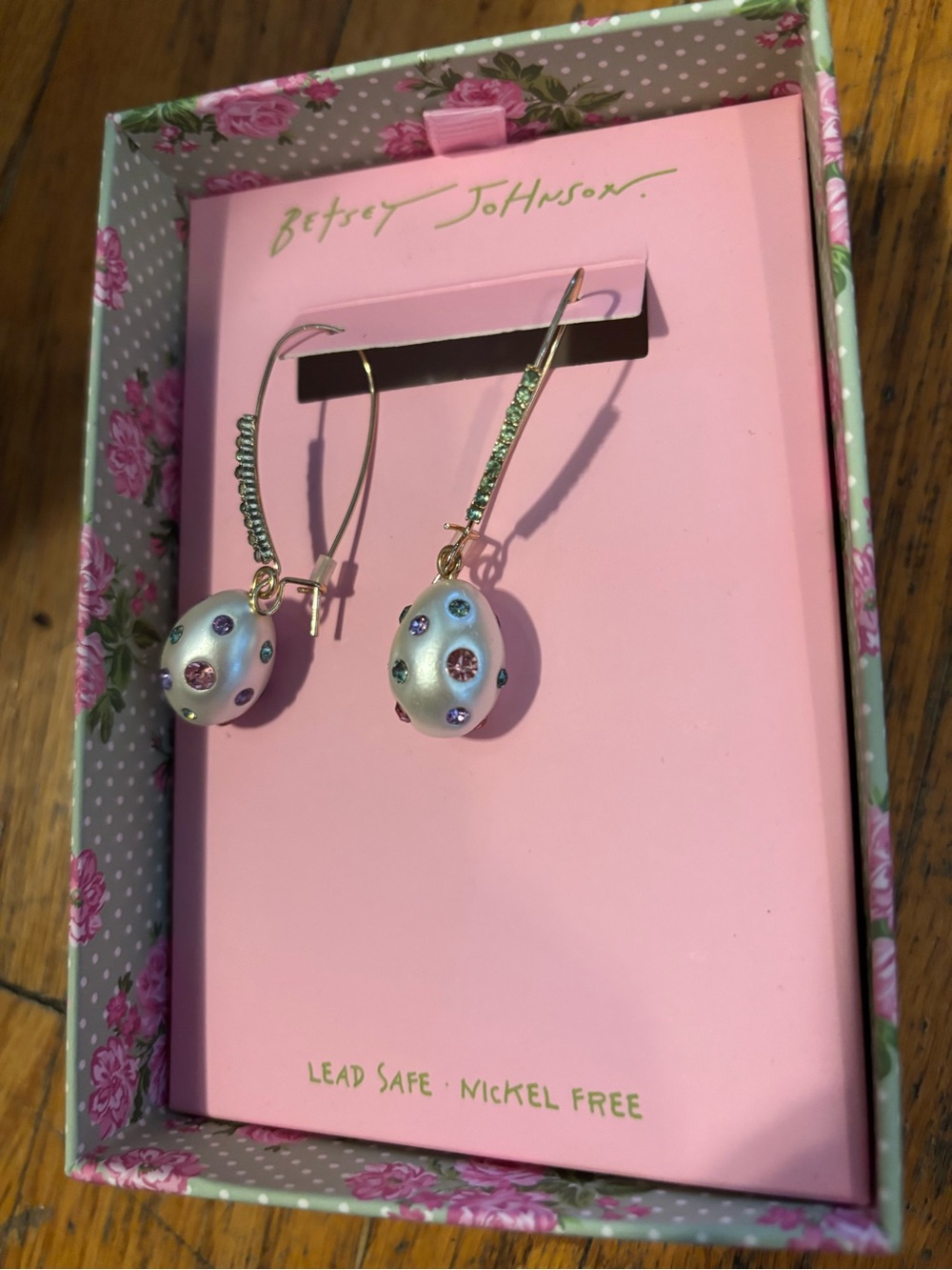 Betsey Johnson Pearl Egg Drop Earrings with Multicolor Crystal Accents